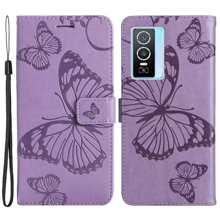 KT Imprinting Flower Series-2 for vivo Y76 5G PU Leather Book Stand Case Imprinted Butterfly Pattern Wallet Style Flip Case with Strap - Purple