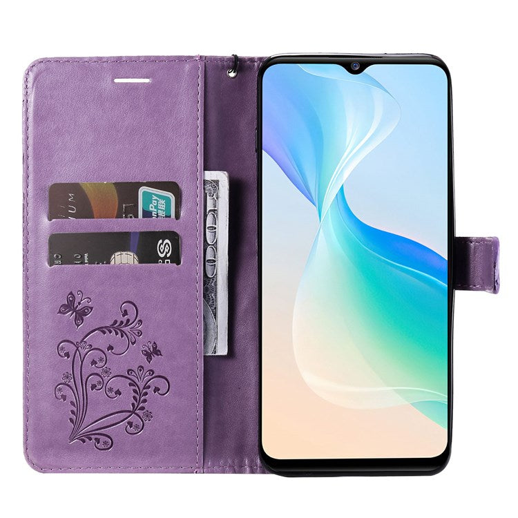 KT Imprinting Flower Series-2 for vivo Y76 5G PU Leather Book Stand Case Imprinted Butterfly Pattern Wallet Style Flip Case with Strap - Purple