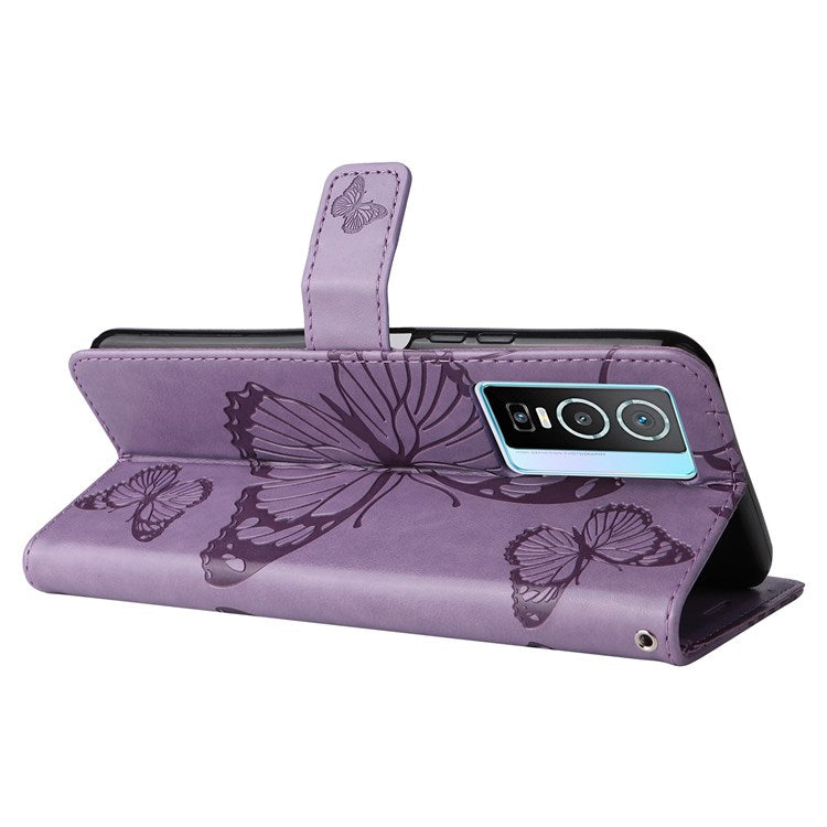 KT Imprinting Flower Series-2 for vivo Y76 5G PU Leather Book Stand Case Imprinted Butterfly Pattern Wallet Style Flip Case with Strap - Purple