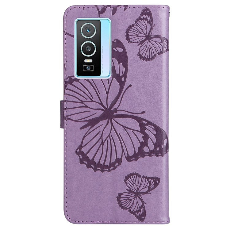 KT Imprinting Flower Series-2 for vivo Y76 5G PU Leather Book Stand Case Imprinted Butterfly Pattern Wallet Style Flip Case with Strap - Purple