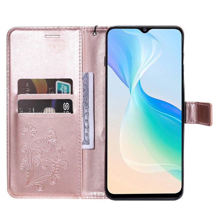 KT Imprinting Flower Series-2 for vivo Y76 5G PU Leather Book Stand Case Imprinted Butterfly Pattern Wallet Style Flip Case with Strap - Rose Gold