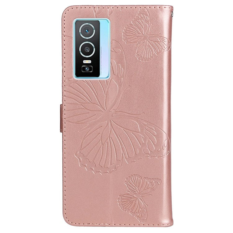 KT Imprinting Flower Series-2 for vivo Y76 5G PU Leather Book Stand Case Imprinted Butterfly Pattern Wallet Style Flip Case with Strap - Rose Gold