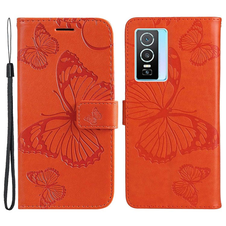 KT Imprinting Flower Series-2 for vivo Y76 5G PU Leather Book Stand Case Imprinted Butterfly Pattern Wallet Style Flip Case with Strap - Orange