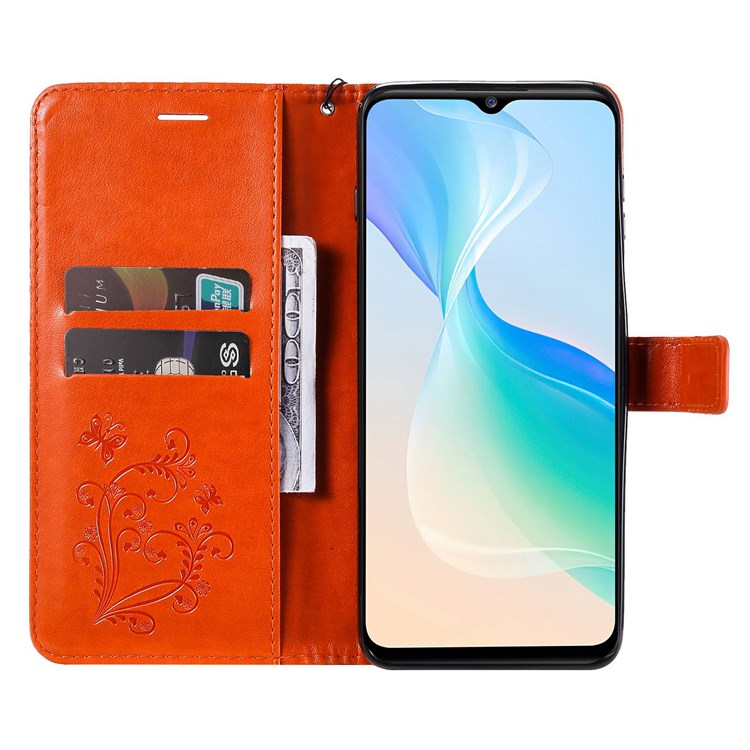 KT Imprinting Flower Series-2 for vivo Y76 5G PU Leather Book Stand Case Imprinted Butterfly Pattern Wallet Style Flip Case with Strap - Orange