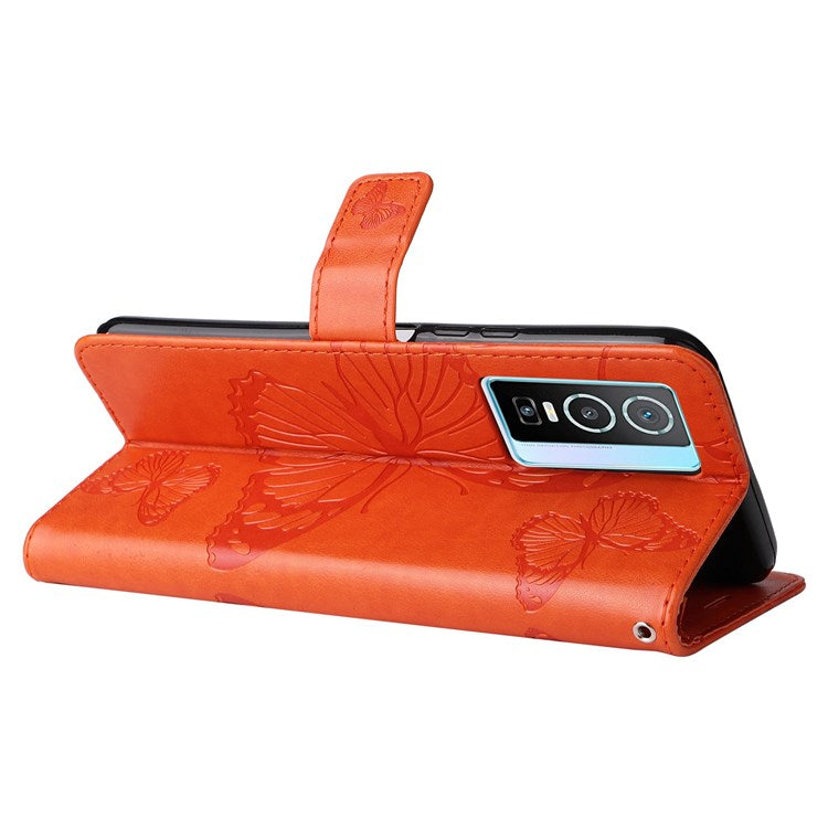 KT Imprinting Flower Series-2 for vivo Y76 5G PU Leather Book Stand Case Imprinted Butterfly Pattern Wallet Style Flip Case with Strap - Orange