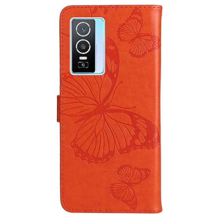 KT Imprinting Flower Series-2 for vivo Y76 5G PU Leather Book Stand Case Imprinted Butterfly Pattern Wallet Style Flip Case with Strap - Orange