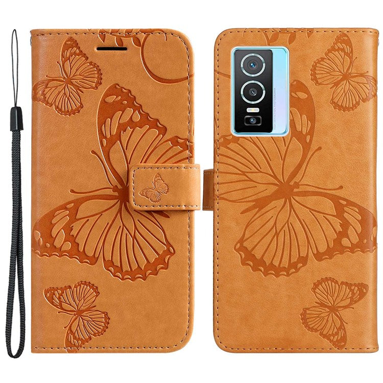 KT Imprinting Flower Series-2 for vivo Y76 5G PU Leather Book Stand Case Imprinted Butterfly Pattern Wallet Style Flip Case with Strap - Yellow