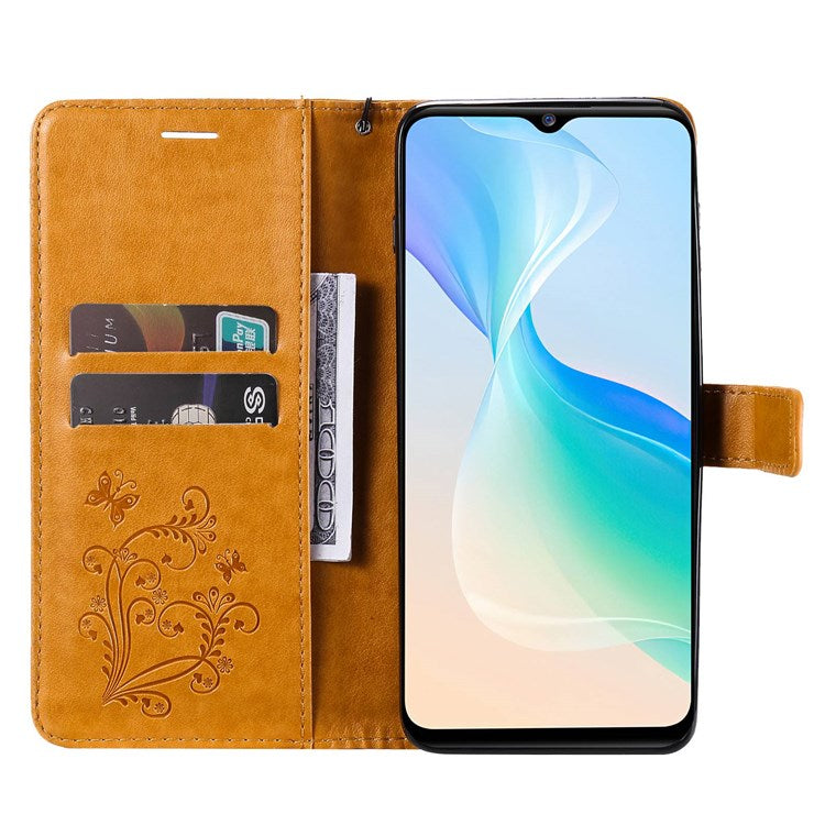 KT Imprinting Flower Series-2 for vivo Y76 5G PU Leather Book Stand Case Imprinted Butterfly Pattern Wallet Style Flip Case with Strap - Yellow