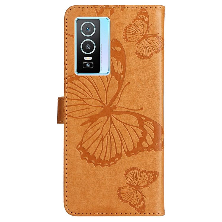 KT Imprinting Flower Series-2 for vivo Y76 5G PU Leather Book Stand Case Imprinted Butterfly Pattern Wallet Style Flip Case with Strap - Yellow