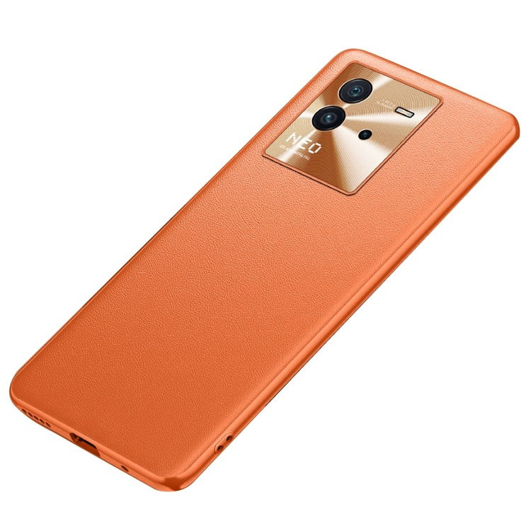 For vivo iQOO Neo6 Metal Lens Cover Impact Resistant Mobile Phone Case Textured PU Leather Coated TPU Shell - Orange