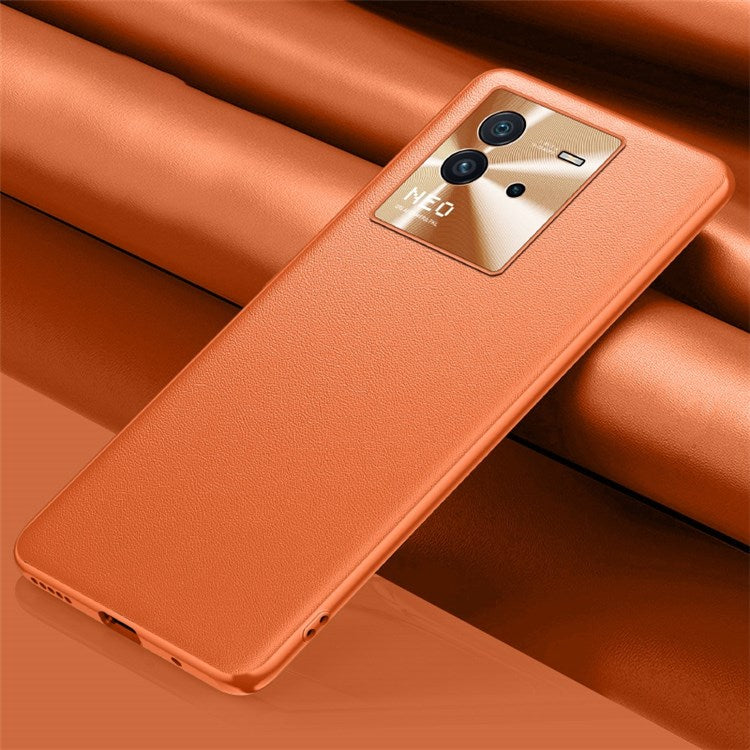 For vivo iQOO Neo6 Metal Lens Cover Impact Resistant Mobile Phone Case Textured PU Leather Coated TPU Shell - Orange