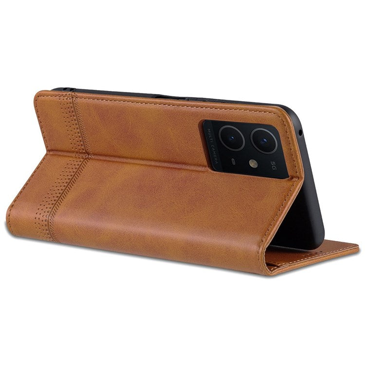 AZNS For vivo Y33s 5G/Y75 5G Magnetic Auto-absorbed PU Leather Wallet Foldable Stand Case Phone Cover - Brown