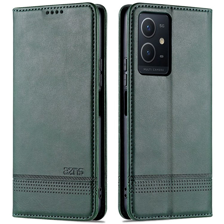 AZNS For vivo Y33s 5G/Y75 5G Magnetic Auto-absorbed PU Leather Wallet Foldable Stand Case Phone Cover - Green