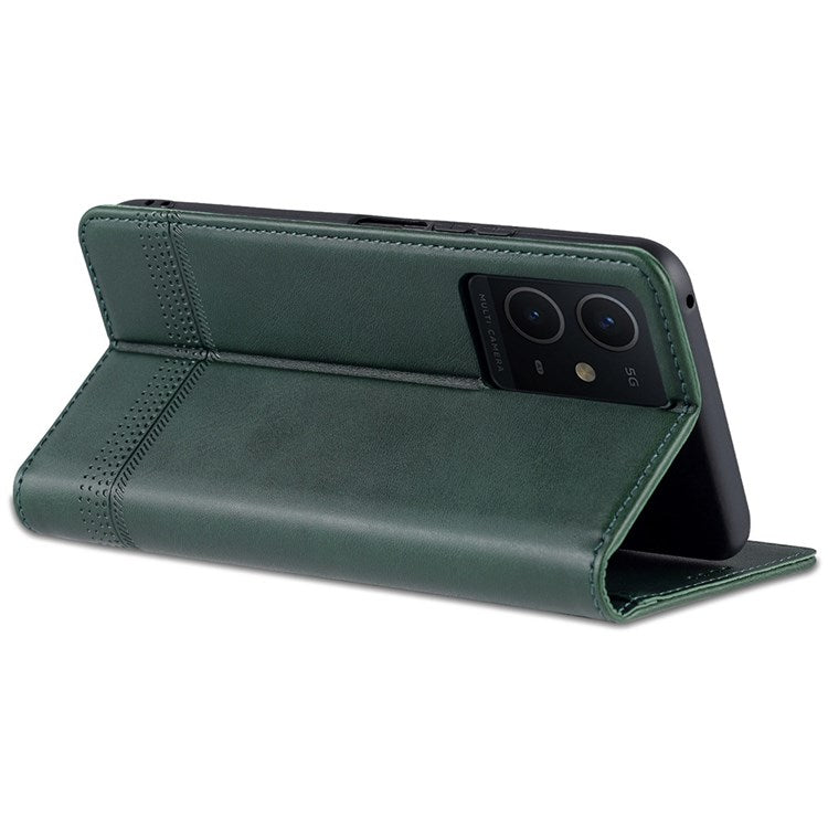 AZNS For vivo Y33s 5G/Y75 5G Magnetic Auto-absorbed PU Leather Wallet Foldable Stand Case Phone Cover - Green