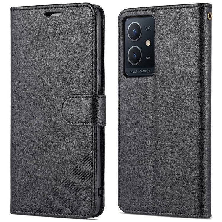 AZNS For vivo Y33s 5G/Y75 5G Textured PU Leather Stand Phone Case Folio Flip Wallet Inner TPU Case - Black