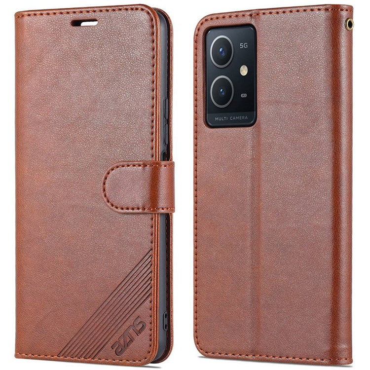 AZNS For vivo Y33s 5G/Y75 5G Textured PU Leather Stand Phone Case Folio Flip Wallet Inner TPU Case - Brown