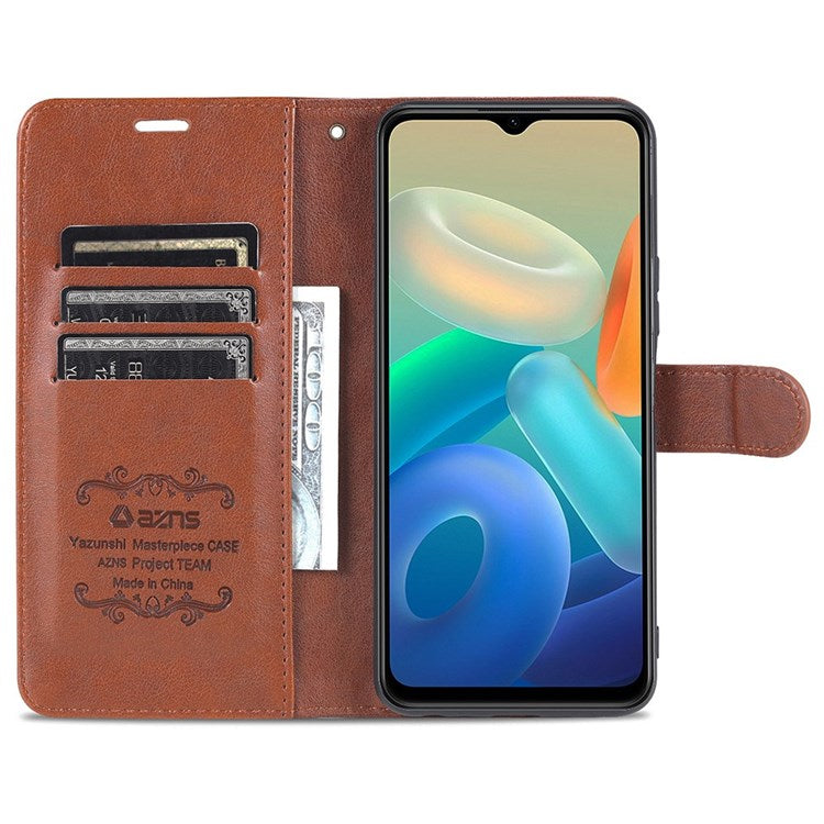 AZNS For vivo Y33s 5G/Y75 5G Textured PU Leather Stand Phone Case Folio Flip Wallet Inner TPU Case - Brown