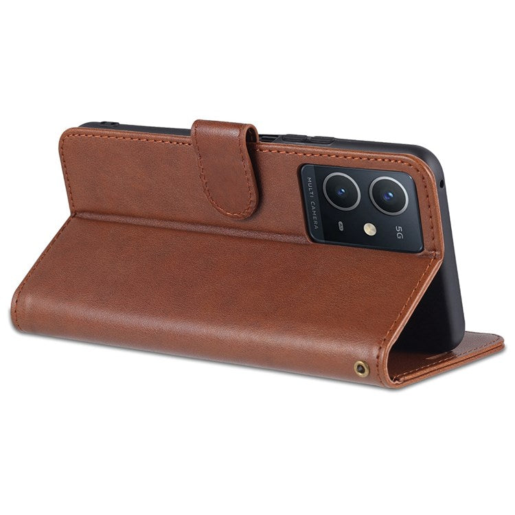 AZNS For vivo Y33s 5G/Y75 5G Textured PU Leather Stand Phone Case Folio Flip Wallet Inner TPU Case - Brown