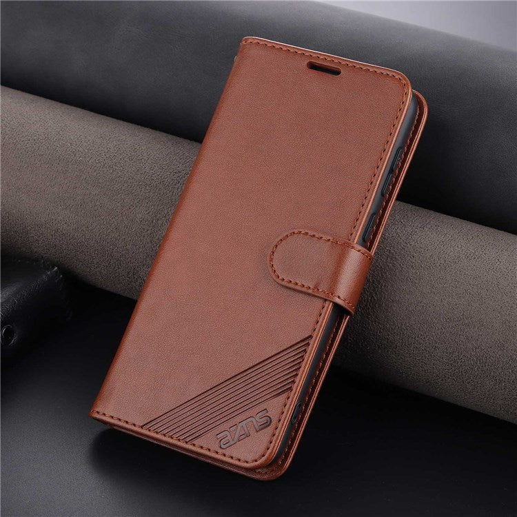 AZNS For vivo Y33s 5G/Y75 5G Textured PU Leather Stand Phone Case Folio Flip Wallet Inner TPU Case - Brown