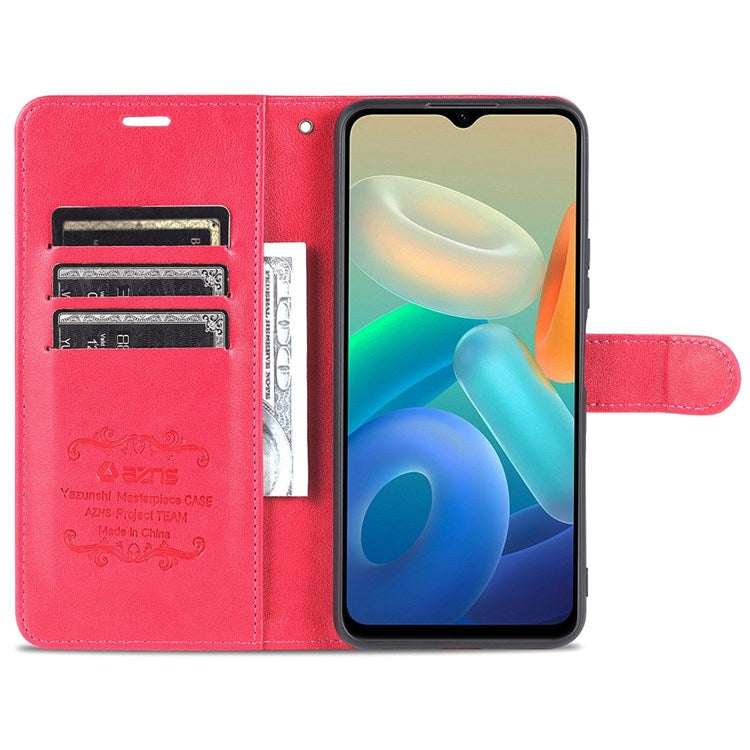 AZNS For vivo Y33s 5G/Y75 5G Textured PU Leather Stand Phone Case Folio Flip Wallet Inner TPU Case - Red