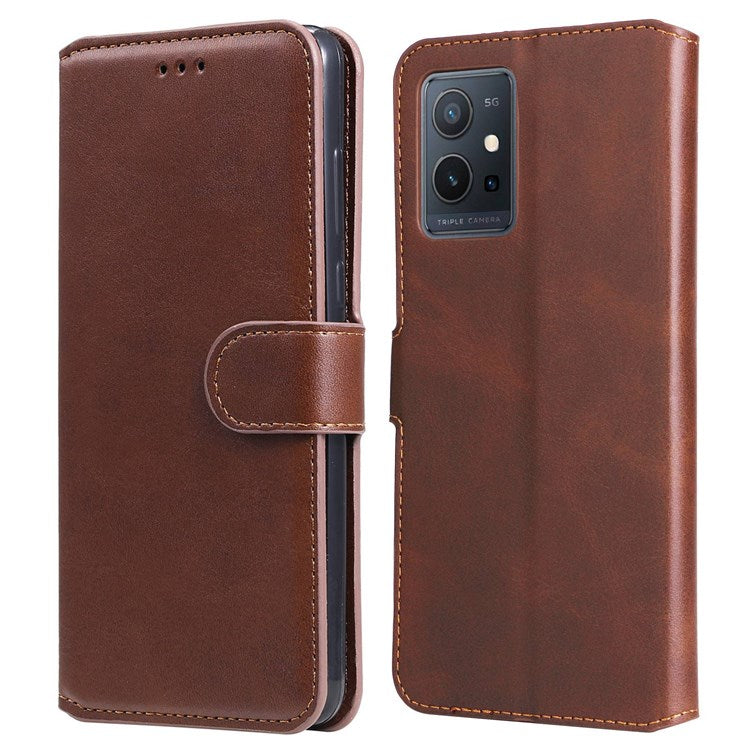 For vivo Y55 5G/Y75 5G/T1 5G/Y33s 5G/iQOO U5 5G Shockproof PU Leather Phone Case Magnetic Closure Wallet Stand Shell - Brown