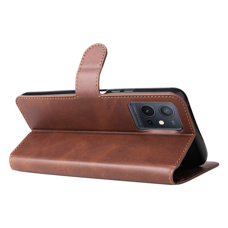 For vivo Y55 5G/Y75 5G/T1 5G/Y33s 5G/iQOO U5 5G Shockproof PU Leather Phone Case Magnetic Closure Wallet Stand Shell - Brown