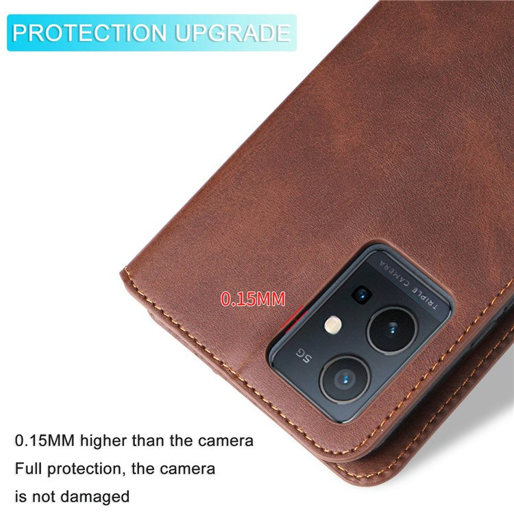 For vivo Y55 5G/Y75 5G/T1 5G/Y33s 5G/iQOO U5 5G Shockproof PU Leather Phone Case Magnetic Closure Wallet Stand Shell - Brown