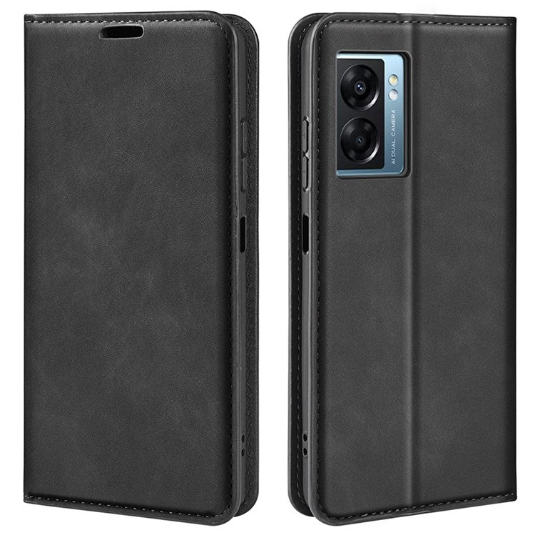 Skin-touch Feeling Phone Case for Oppo A57 (2022) 5G / A77 5G, PU Leather Magnetic Auto-absorbed Stand Wallet Protective Cover - Black