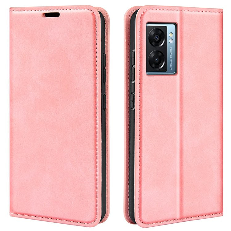 Skin-touch Feeling Phone Case for Oppo A57 (2022) 5G / A77 5G, PU Leather Magnetic Auto-absorbed Stand Wallet Protective Cover - Pink