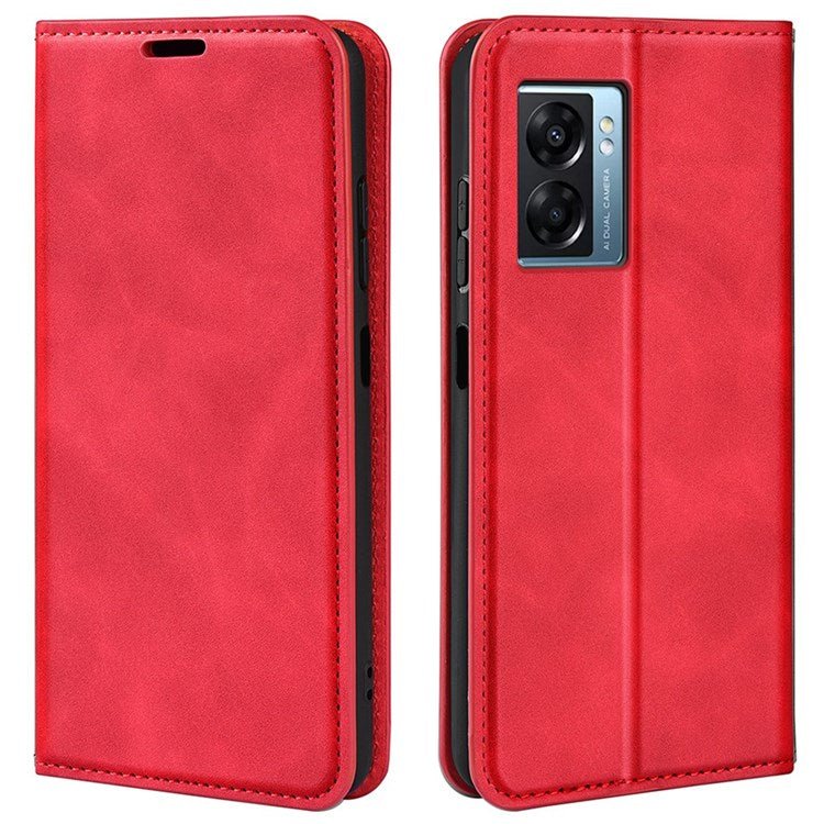 Skin-touch Feeling Phone Case for Oppo A57 (2022) 5G / A77 5G, PU Leather Magnetic Auto-absorbed Stand Wallet Protective Cover - Red