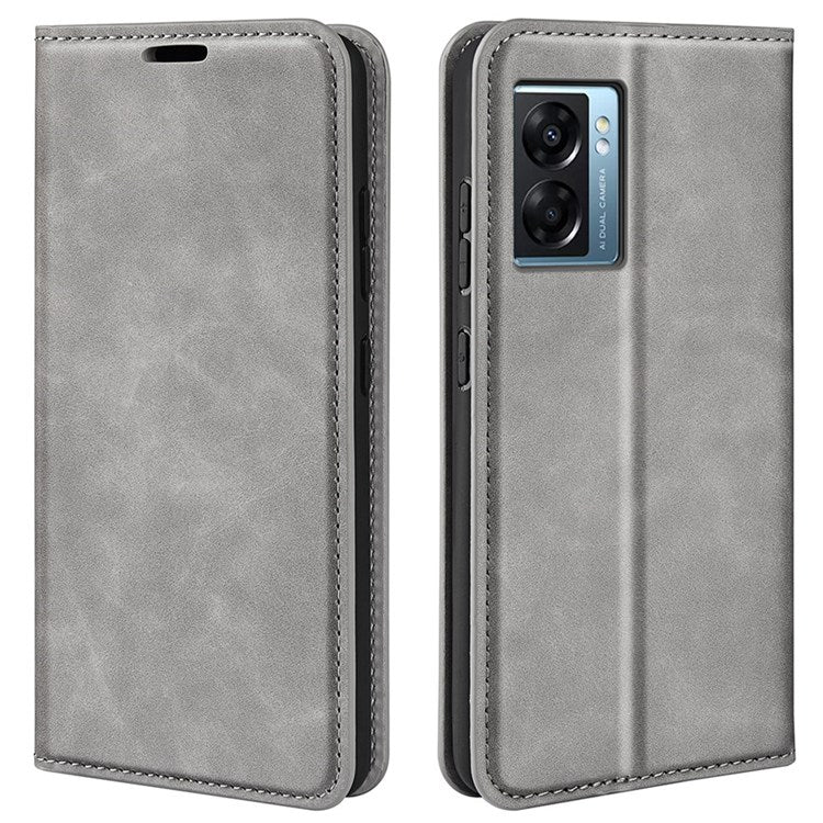 Skin-touch Feeling Phone Case for Oppo A57 (2022) 5G / A77 5G, PU Leather Magnetic Auto-absorbed Stand Wallet Protective Cover - Grey