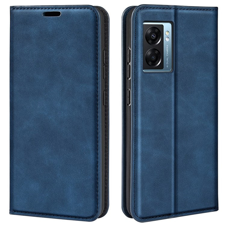 Skin-touch Feeling Phone Case for Oppo A57 (2022) 5G / A77 5G, PU Leather Magnetic Auto-absorbed Stand Wallet Protective Cover - Blue