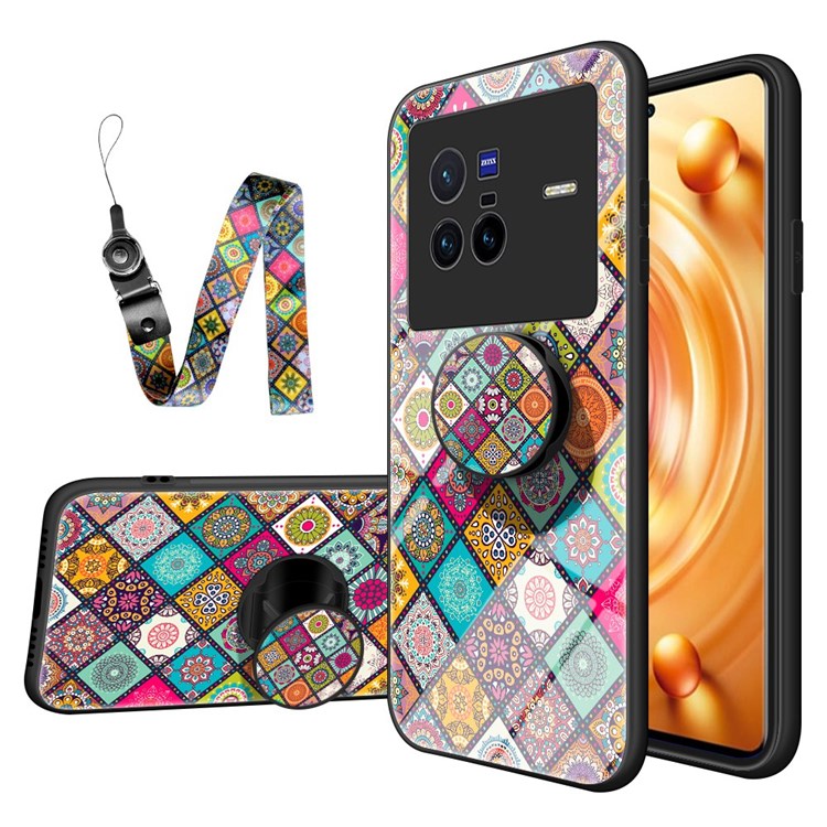 For vivo X80 Lanyard Anti-lost Kickstand Function Flower Pattern Phone Case Tempered Glass + PC + TPU Shell - Checkered Pattern