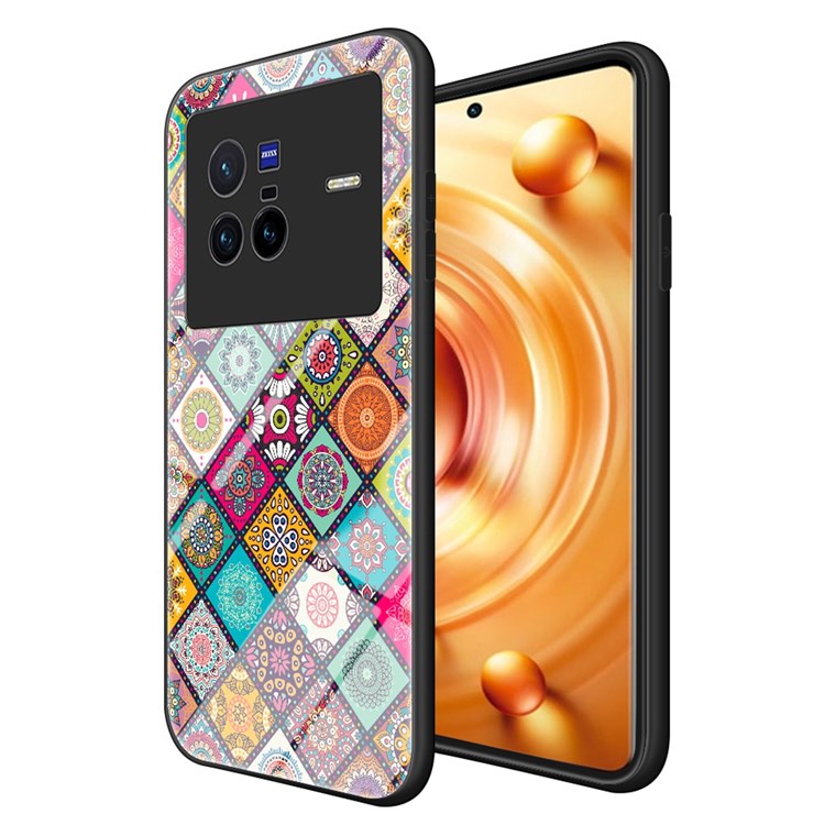 For vivo X80 Lanyard Anti-lost Kickstand Function Flower Pattern Phone Case Tempered Glass + PC + TPU Shell - Checkered Pattern