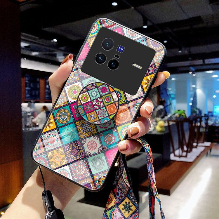 For vivo X80 Lanyard Anti-lost Kickstand Function Flower Pattern Phone Case Tempered Glass + PC + TPU Shell - Checkered Pattern