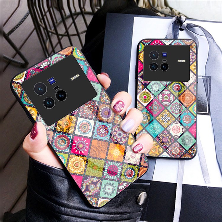 For vivo X80 Lanyard Anti-lost Kickstand Function Flower Pattern Phone Case Tempered Glass + PC + TPU Shell - Checkered Pattern