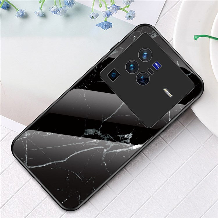 For vivo X80 Pro Drop-proof Tempered Glass + PC + TPU Marble Pattern Phone Cover Case - Black Marble