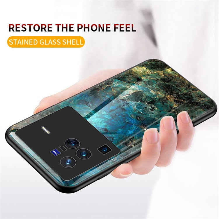 For vivo X80 Pro Drop-proof Tempered Glass + PC + TPU Marble Pattern Phone Cover Case - Black Marble