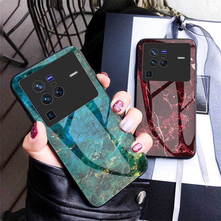 For vivo X80 Pro Drop-proof Tempered Glass + PC + TPU Marble Pattern Phone Cover Case - Black Marble