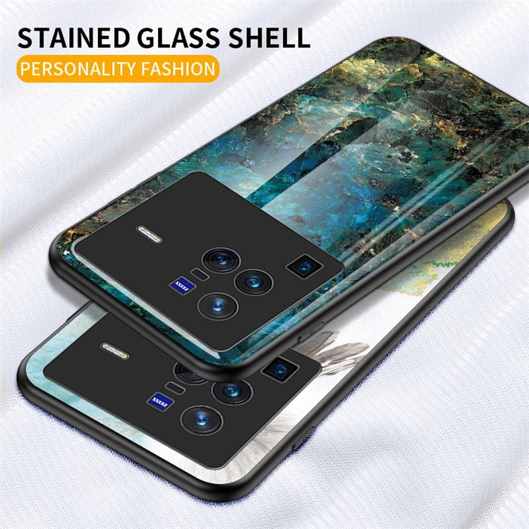 For vivo X80 Pro Drop-proof Tempered Glass + PC + TPU Marble Pattern Phone Cover Case - Black Marble