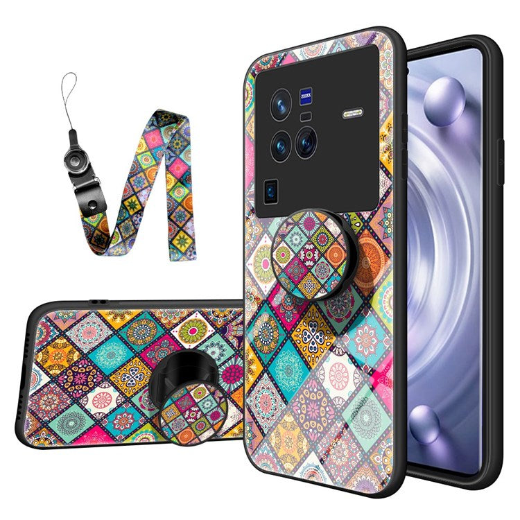 For vivo X80 Pro Lanyard Design Flower Pattern Phone Case Kickstand Function Tempered Glass + PC + TPU Protector - Checkered Pattern