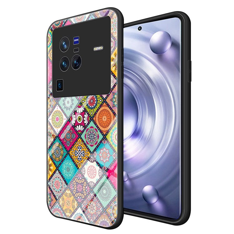 For vivo X80 Pro Lanyard Design Flower Pattern Phone Case Kickstand Function Tempered Glass + PC + TPU Protector - Checkered Pattern