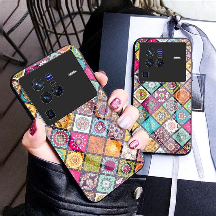 For vivo X80 Pro Lanyard Design Flower Pattern Phone Case Kickstand Function Tempered Glass + PC + TPU Protector - Checkered Pattern