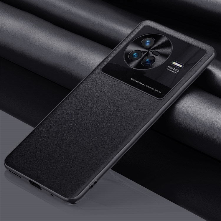 For vivo X80 Textured PU Leather Coated TPU Back Case Metal Lens Protection Impact-Resistant Shockproof Cover - Black