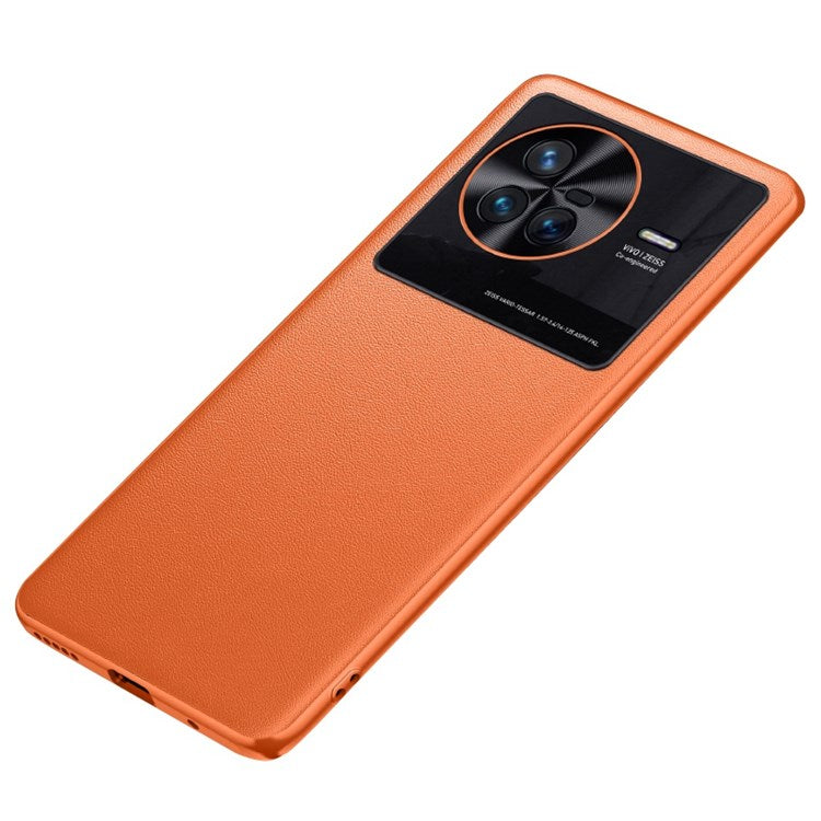 For vivo X80 Textured PU Leather Coated TPU Back Case Metal Lens Protection Impact-Resistant Shockproof Cover - Orange