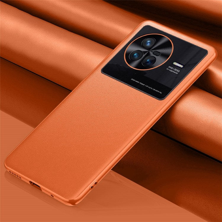 For vivo X80 Textured PU Leather Coated TPU Back Case Metal Lens Protection Impact-Resistant Shockproof Cover - Orange