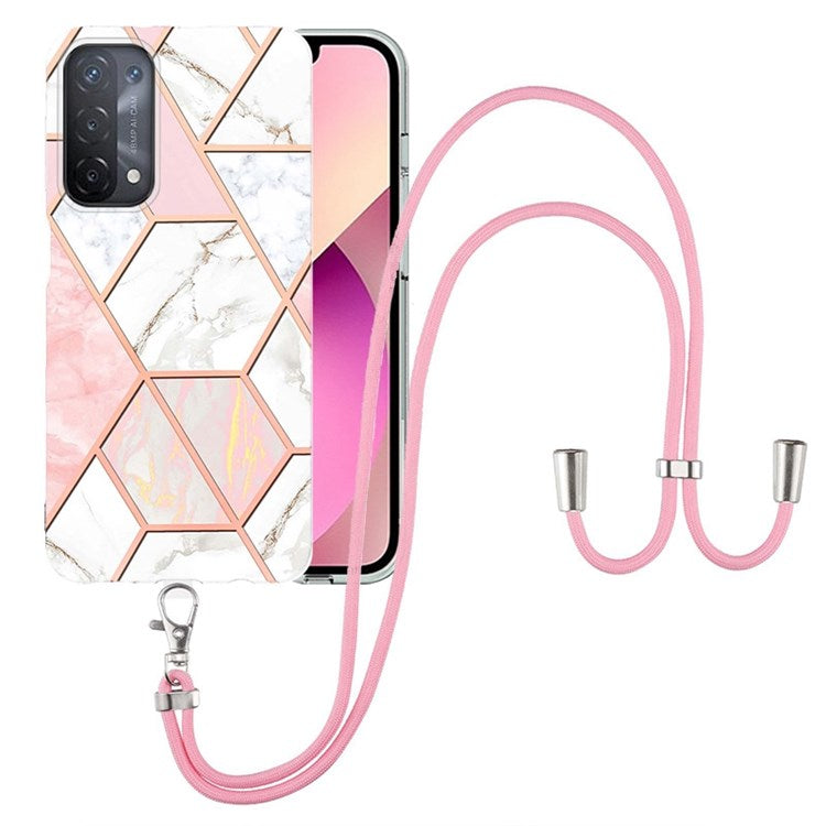 YB IMD Series-5 Slim Lightweight TPU Phone Cover for 	Oppo A74 5G/A93 5G/A54 5G/A93s 5G, Shiny Electroplating Effect IMD IML Marble Pattern Phone Flexible Case with Adjustable Lanyard - Pink/White