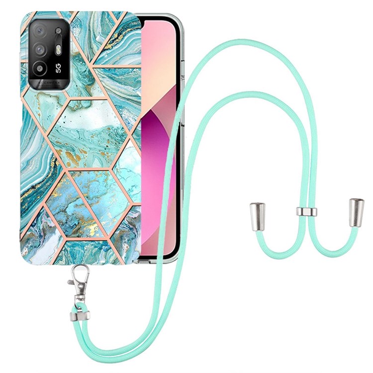 YB IMD Series-5 Slim Lightweight TPU Phone Cover for Oppo A94 5G/A95 5G, Drop Protection IMD IML Marble Pattern Metal-Like Effect Electroplating Soft Phone Case with Adjustable Lanyard - Blue