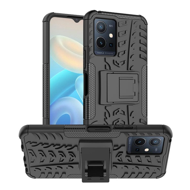 For vivo Y75 5G/Y55 5G Anti-scratch Built-in Kickstand PC + TPU Hybrid Impact Case Tire Texture Non-slip Rugged Shell - Black