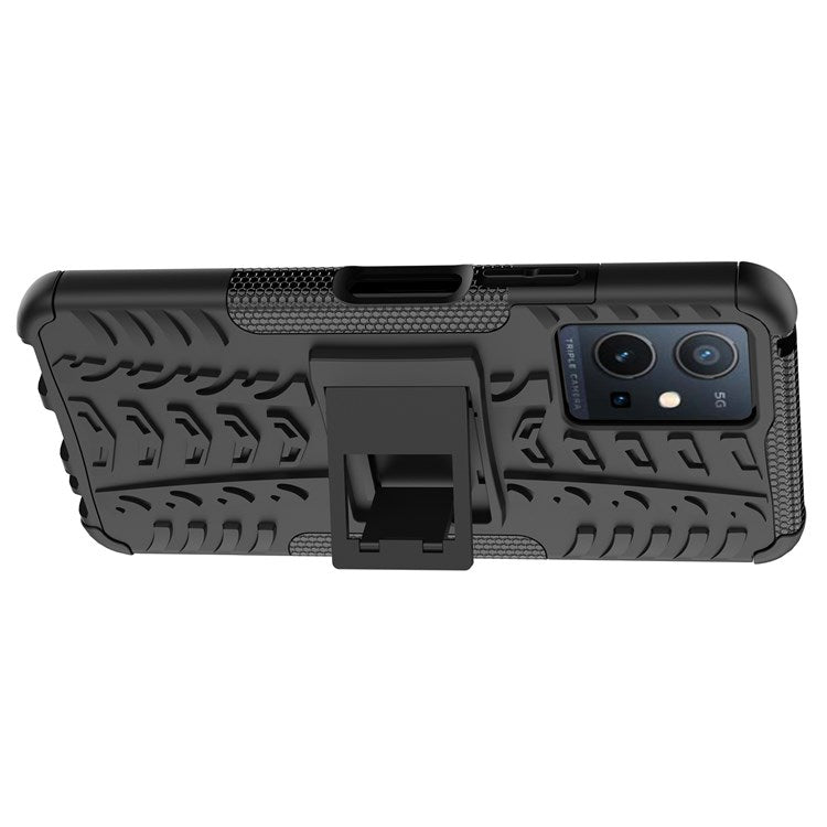 For vivo Y75 5G/Y55 5G Anti-scratch Built-in Kickstand PC + TPU Hybrid Impact Case Tire Texture Non-slip Rugged Shell - Black